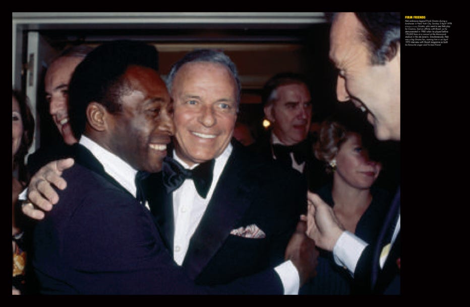 Brazilian footballer Pele photo-book biography page spreads - with Sinatra