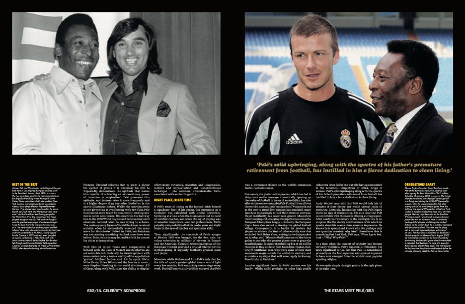 Brazilian footballer Pele photo-book biography page spreads - Beckham, Best
